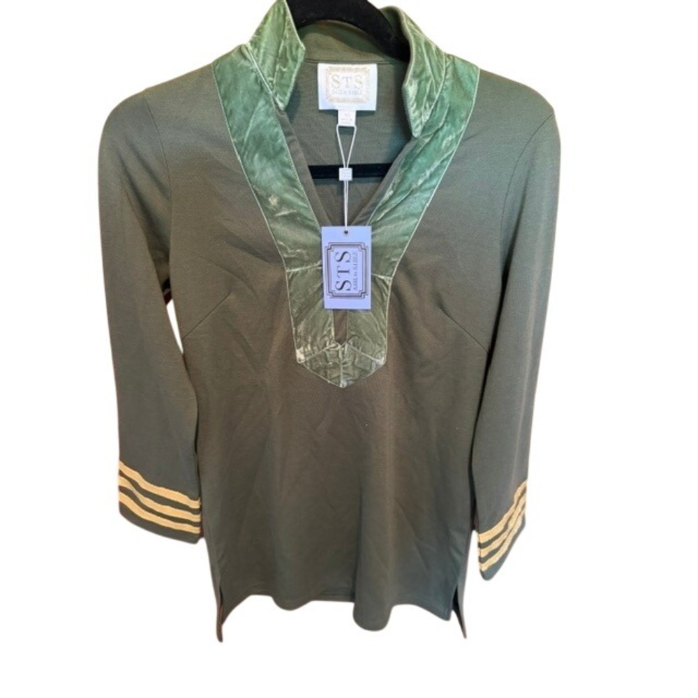 Sail to Sable STS Women Olive Green Velvet‎ Trim V-Neck Tunic Top XS New